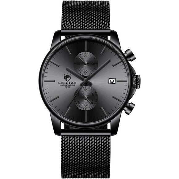 Men Black Fashion Sleek Minimalist Quartz Analog Mesh Stainless Steel Watches